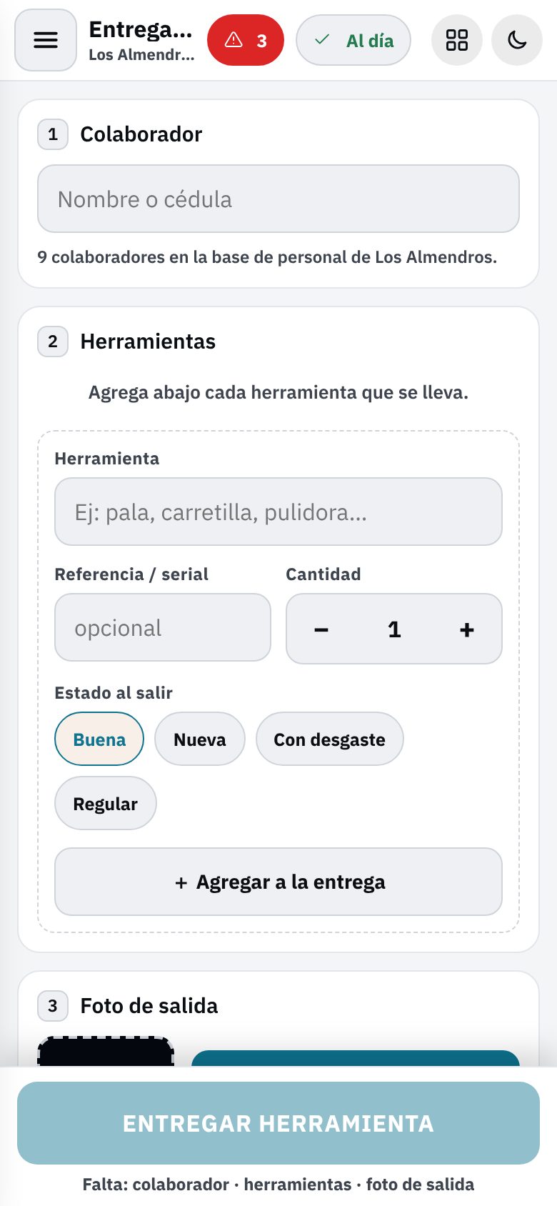 EVA Móvil, Almacén: entrega de herramienta al colaborador, vista día