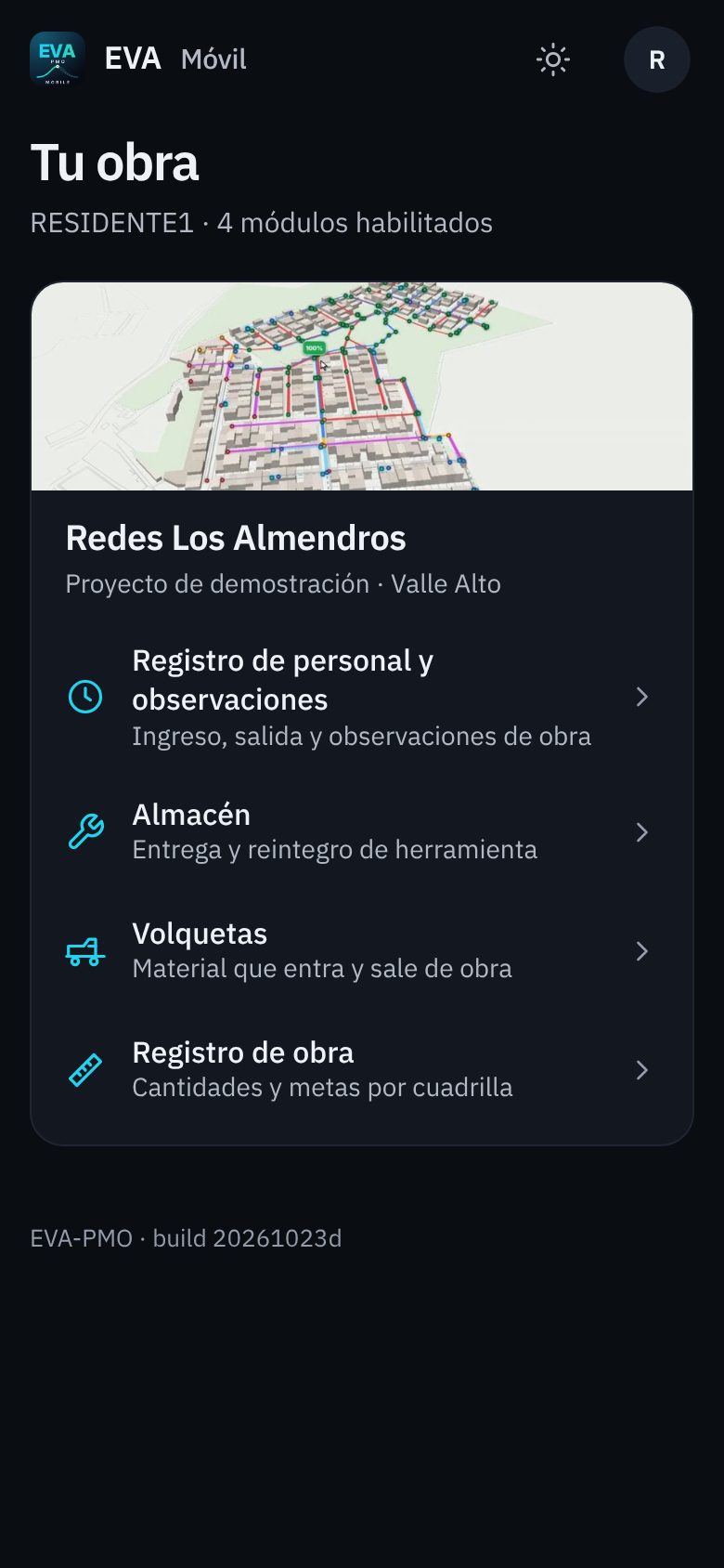 EVA Móvil: inicio con los módulos habilitados, vista noche